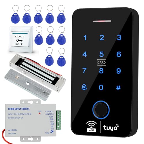 Image of Fredorlokk WiFi Tuya access control system kit with IP68 waterproof fingerprint keypad, NC mode magnetic lock (180kg/350lbs), 10 125KHz RFID key fobs, 12V 3A power supply, and exit button