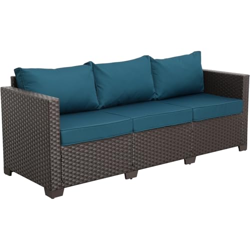 Valita Patio Furniture 3-seat Sofa Brown Wicker Outdoor Furniture Outdoor Couch Deep Seat High Backrest Waterproof Cover Anti-Slip Washable Cushions, Peacock Blue
