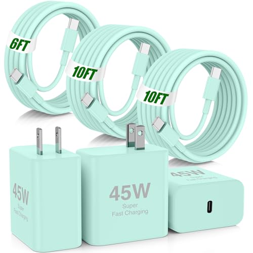 Image of 45W iPhone 17 16 Pro Max Charger Fast Charging,3Pack USB C Fast Charger Block with Long 10 /10 /6FT C to C Cable for Apple 17 Pro Max /16 Pro /15 /iPad 13th,PD Quick Adapter 3.2 for iPhone 17-Green