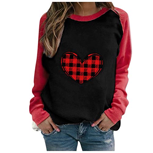 Saint Valentin Pull Femme Casual sans Capuche Sport Sweat Shirt Col Rond Manches Longues Original Pullover Casual Top Haut Sweater Impression Motif Confortable Mode Sweatshirt (Black-10, XXL) Cover