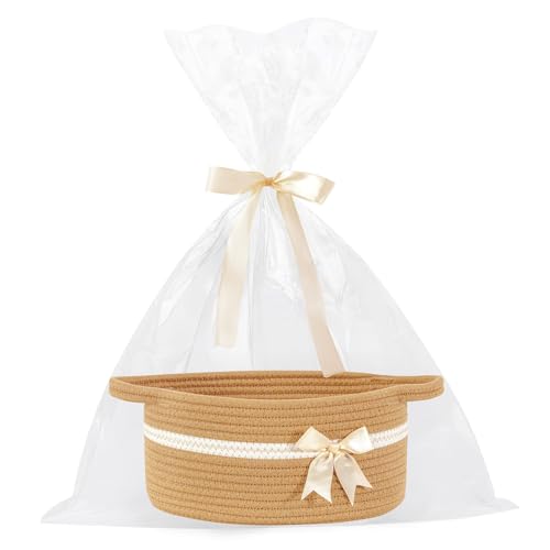 Image of Gift Baskets Empty, Small Woven Rope Storage Basket with Bow and Ribbons and Gift Wrap, Bowknot Decorative Gifts Basket with Handles, DIY Storage Organizer Basket for Wedding Graduation, Jute