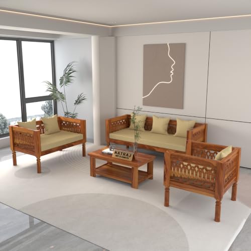 Image of NATRAJ ART & CRAFT Sheesham Wood 6 Seater Sofa Set for Living Room | Wooden CNC Sofa Set for Living Room Furniture (3+2+1 Seater, Honey Finish)