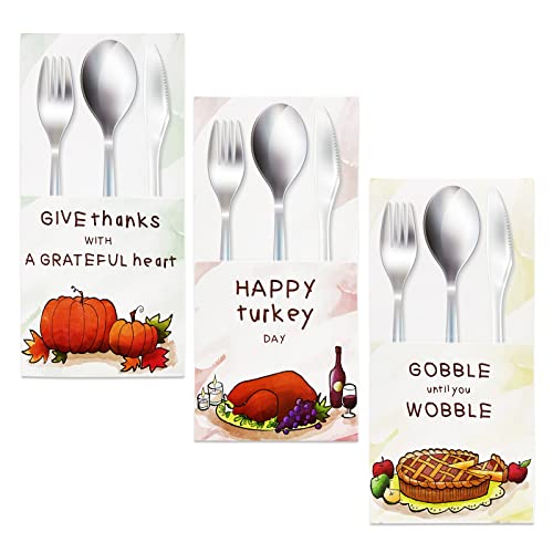 24PCS Thanksgiving Day Cutlery Silverware Holders – Turkey Fall Give Thanks Party Dinner Table Supplies Decorations