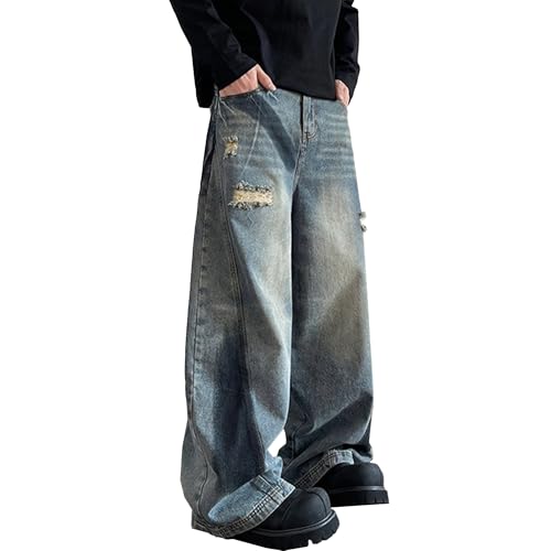Maiyifu-GJ Men's Ripped Relaxed Fit Jeans Distressed Retro Denim Pants Baggy Hip Hop Streetwear Jean Trousers