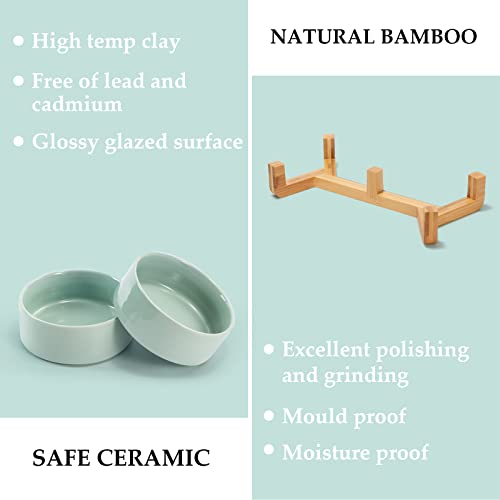 Spunkyjunky Ceramic Dog And Cat Bowl Set With Wooden Stand, Modern Cute Weighted Food Water Set For Small Size Dogs (13.5Oz ) & Medium Sized Dogs (28.7Oz) & Cats (1.7 Cups, Morandi Green) #TOP2