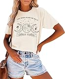 Mystic Moon and Sun Shirt for Women Mystical Boho Vintage Halloween Celestial Moon Spiritual Graphic Tees Tops(Beige,M)