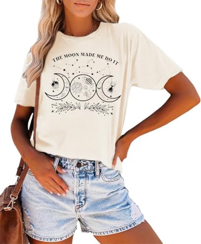 Mystic Moon and Sun Shirt for Women Mystical Boho Vintage Halloween Celestial Moon Spiritual Graphic Tees Tops(Beige,M)