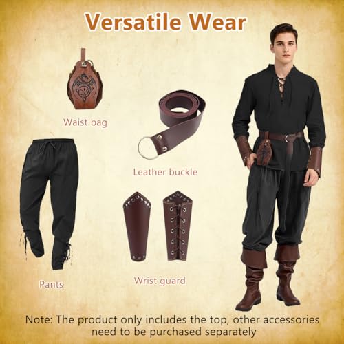 BSBUY Camisa Medieval Hombre, Disfraz Pirata de Manga Larga para Hombre de Halloween, Medieval Shirt Casual Estilo Punk Manga Larga, Vikingo Steampunk Retro Renacimiento Medieval Gótico Victoriano,2XL