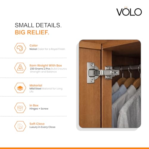 Image of VOLO 8 Pieces (4 Sets) European Style Soft Close Concealed Cabinet Hinges | Clip On 0 Crank Full Overlay | for Kitchen Cabinets, Wardrobes & Office | Mild Steel, Nickel Finish | 1 Year Warranty