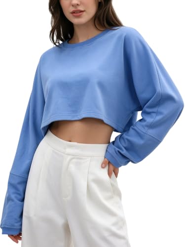 Image of Amazhiyu Womens Cropped Hoodie, Winter Oversize Long Sleeve Sweatshirts Top Blue XXL