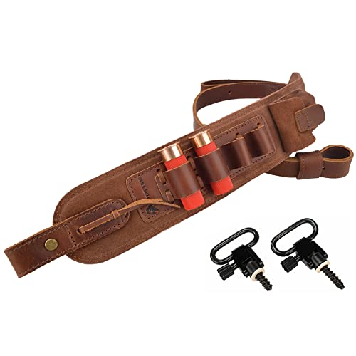 Leather Rifle Shoulder Sling, Padding Shotgun Ammo Shell Straps for .357 .308 .45-70 .44mag 12Ga 16Ga 20Ga (12 Gauge, Brown + Swivels)