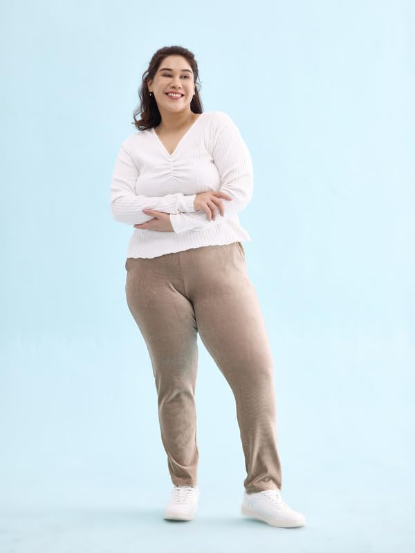 Image of GO COLORS Solid Corduroy Treggings for Women | Warmtech, Mid Rise, Side Pocket