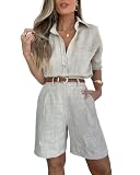 RISCUYY 2 Piece Blazer Sets for Women Open Front Button Blazer Crop Tops and Shorts Bottoms with Belt Business Suit Sets Light Gray, Medium