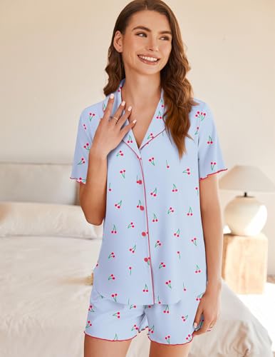 Image of Ekouaer Button Up Pajamas Set for Women Short Sleeve Ribbed Knit Sleepwear 2 Piece Pjs Shorts Set