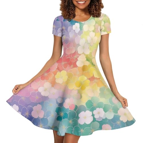 Image of POLERO Women Puffy Swing Elegant Party Midi Dresses Short Sleeve Round Neck A-Line Dress