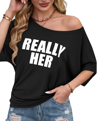 Image of Hilinker Womens Sexy Off The Shoulder Tops Short Batwing Sleeve T Shirt Oversized Graphic Tees Black Really Small