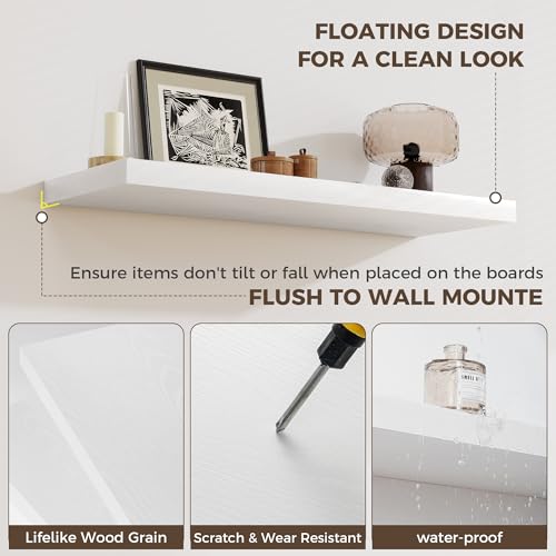 Image of Fun Memories 12 Inch Deep Floating Shelves, 16 x 12 Wooden Wall Shelves, Extra Deeper & Thicker Rustic Wall Mounted Storage Shelf for Fireplace, Living Room, Kitchen, Farmhouse, White - 2Pack