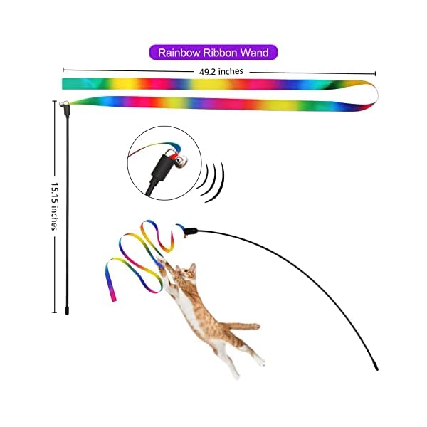 Atosun cat toys, 2pcs retractable cat feather toys, 10pcs replacement teaser refill, 1pc rainbow ribbon wand interactive kitten toys for indoor cat make exercise - image 5