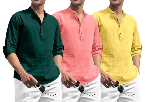 Image of Zombom Combo of Men's Solid Cotton Polyester Blend Full Sleeve Mandarin /Chinese Collor Straight Kurta Shirt (Pack of 3)