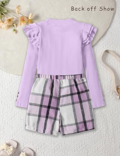 Image of Girls Clothes 2 Piece Ruffle Long Sleeve Shirt Top and Bow Plaid Skirt Set Girls Fall Winter Outfits 6-16 Years