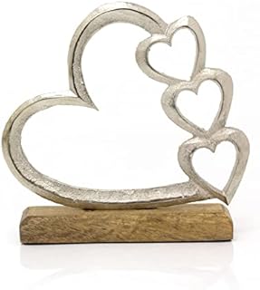 Carousel Home 20cm Elegant Silver Metal Heart Ornament | Silver Love Hearts On Wooden Base Sculpture | Love Heart Ornament Valentines Anniversary Wedding Gifts