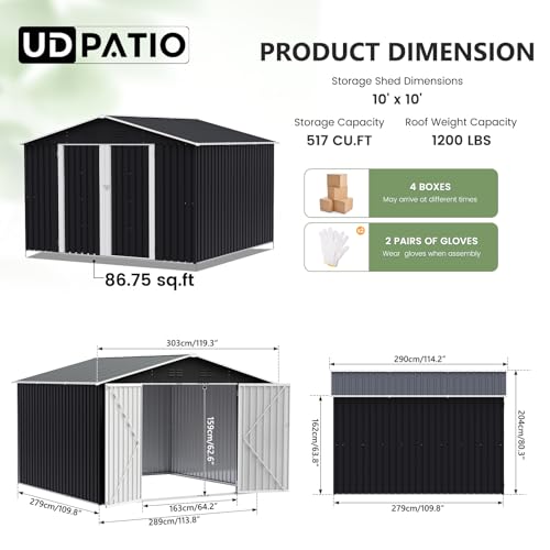 UDPATIO Outdoor Storage Shed 10 x 10 FT Dark Grey - Image 2