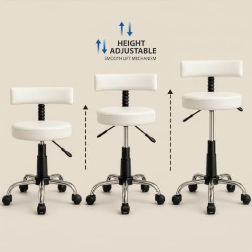 Image of DIYA Seating Chrome Rolling Study Flex Stool (1 Year Warranty) - White | Lift & Swivel Adjustable Height Salon Flex Stool w / Foot Rest, Compact Seating for Home Office Shop Study Use -(44 inchx47 inchx83 inch)
