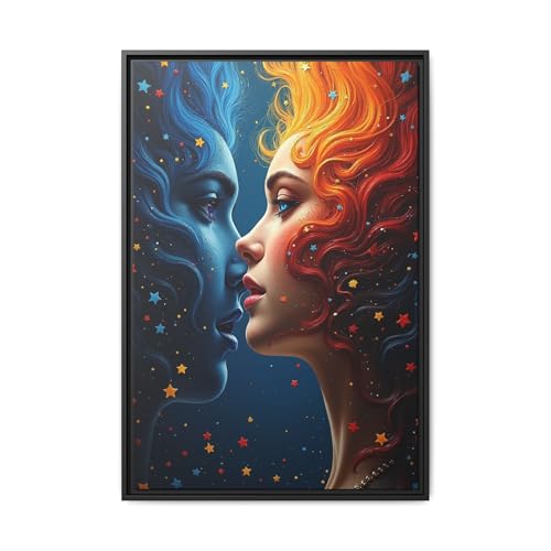 Framed Matte Canvas Art Print - Colorful Duality Portrait, Home