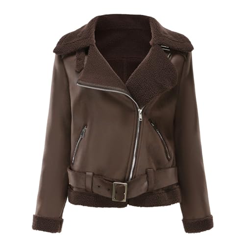 Chaqueta de piel Sintética para Mujer, Invierno Abrigo de Motociclista con Forro de Sherpa Abrigo de Moto Talla Grande Chaqueta Cuero Capa Jacket Parka Pullover Adolescentes Outwear(A Café,XXL)