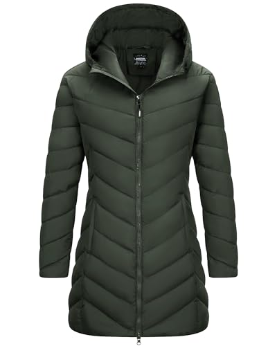 Outdoor Ventures Women's Long Jacket Lightweight Quilted Hooded Coat Insulated Ladies Jacket for Trekking, Climbing & Skiing Army Green L