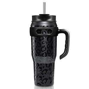 Zibtes 40oz Insulated Tumbler With Lid and Straws, Stainless Steel Double Vacuum Coffee Tumbler With Handle, Keeps Drinks Cold up to 34 Hours or Hot for 12 Hours(Black Leopard 1 pack)