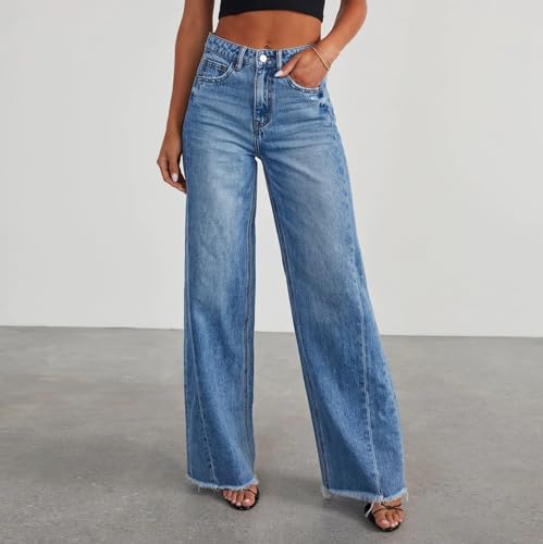 Blue High Rise Tummy Control Vintage Wash Jeans Women Wide Leg Jeans High Waisted Stretchy Trendy Front Seam Denim Pants4