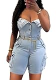 DINGANG Womens Sexy Denim Romper Strapless Tube Top Cargo Short Jean Jumpsuit Clubwear with Pockets
