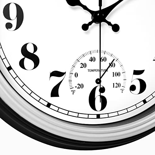 Jenlystime 12 Inch Indoor/Outdoor Retro Waterproof Wall Clock With Thermometer Silent Round Quartz Battery Operated Easy To Read Decorative For Kitchen Patio,Bathroom,Deck,Porch,Pool(Silver) #TOP2