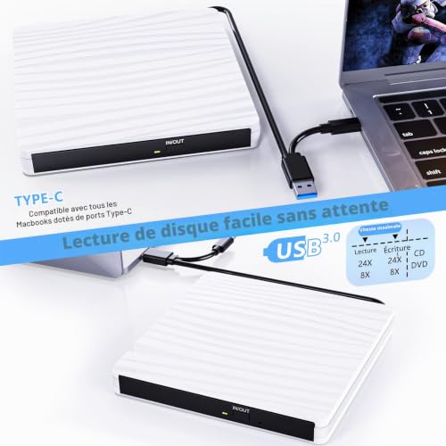 Lecteur CD DVD Externe, Graveur CD Externe avec USB3.0 Type-c, Ultra-Mince CD/VCD /-RW/ROM Portable Lecteur CD Externe pour PC, Desktops, Laptop, Mac, Macbook, Windows11/10/8/7/XP/Vista/MacOS, Blanc – vue 5