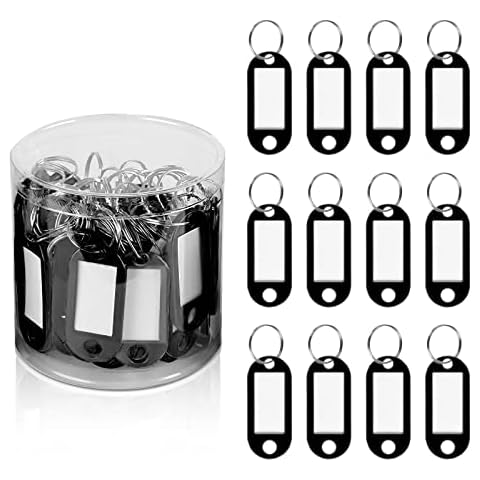 Key Tags, 50 Pcs Key Tags with Labels, Key Labels with Split Ring Plastic Key Fobs for Luggage Pet Id Name Office (Black) Cover