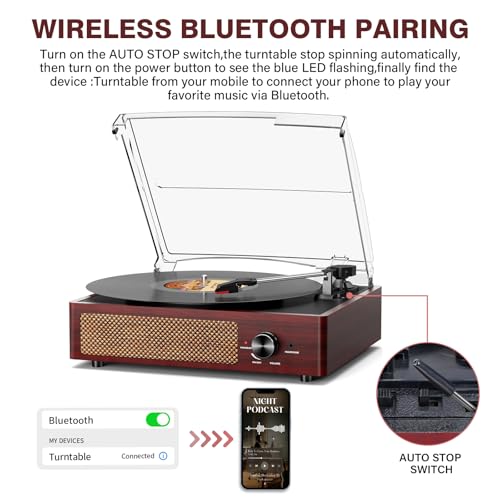 Image of Vinyl Record Player with 2 Stereo Speakers Belt-Driven Vintage Turntables 3 Speed 3 Size Wireless Bluetooth Playback AUX-in RCA Out Headphone LP Vinyl Players Auto Stop Red Wood