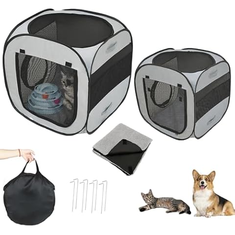 2-Pack Portable Cat Playpens with Flannel Mats, Foldable Pet Tents for Indoor & Outdoor Use, Travel-Friendly with Securing Pegs, Waterproof Cat Houses & Condos for Cats, Puppies, and Small Pets -Grey Cover