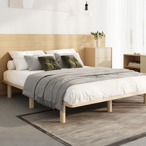 Oikiture Bed Frame Queen Size Wooden Bed Base Solid Wood Frame Platform Bed