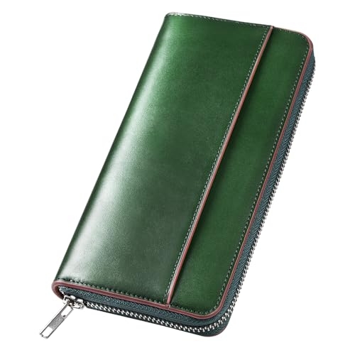 Men's Long Genuine Leather Wallet Large Capacity Zippered Pouch with Coin Purse Stylish and Unisex Black (Green)