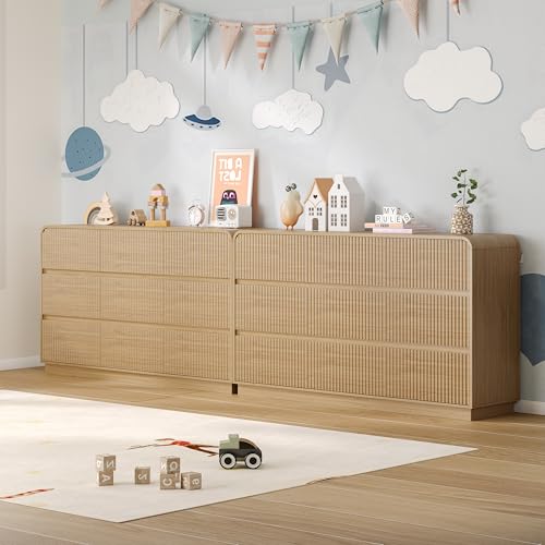 Image of BORNOON Dresser for Bedroom with 9 Drawers, Fluted Chest of Drawers with Round Curved Corner, Hidden Handles, Modern Wood Storage Organizer for Bedroom, Nursery, Living Room