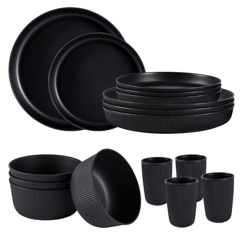 Reusable 16 Pcs Wheat Straw Dinnerware Sets Plastic Plates And Bowls Sets Unbreakable Dinnerware Set Dishes for 4 Microwave Safe Plates Cereal Bowls Tableware For Camping Party