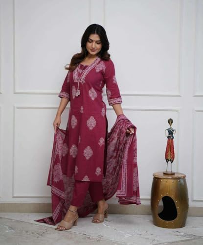 Image of DR DIGITAL Women's Cotton Printed Straight Kurti with pant and Dupatta Set
