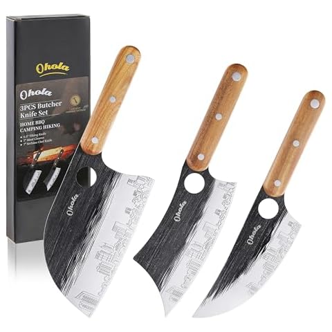 3PCS Butcher Knife Set, OHOLA Stainless Steel Butcher Knife Set with Wooden Handle, 7" Serbian Chef Knife, 7" Butcher Meat Cleaver and 6.5" Viking Knife (Unique Finger Hole & Stylish Pattern) Cover