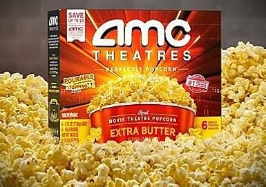 AMC Theatres Extra Butter Microwave Popcorn | 6 Bags and Butter Topping Packets