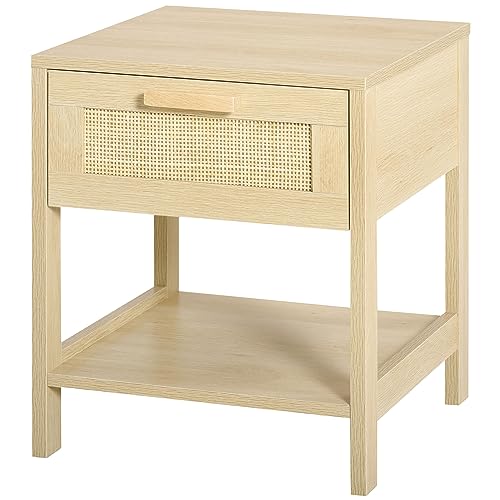 HOMCOM Bedside Table, Nightstand with Rattan Drawer and Storage Open Shelf, Farmhouse Side Table for Bedroom, Living Room