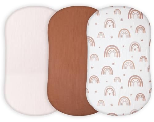 Image of Muslin Bassinet Sheets Compatible with Halo Bassinest Swivel, Flex, Glide, Premiere and Luxe Series Sleeper, Pack 3, 33 X 17 Inch, Ultra Soft and Snug Fit, Unisex Boys Girls, Brown Rainbow