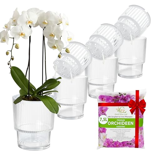 Juego de 4 macetas auto-riego transparentes para orquídeas Garten lux, Ø13cm, maceta para orquídeas 1,7L (maceta interior 1,35L con agujeros de drenaje y mecha) + 7,5L de sustrato para orquídeas para