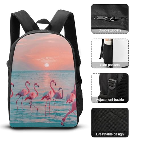 3 Piece Backpack for Women Men Lightweight Causal Daypack Shoulder Bag Set with Insulated Lunch Bag And Pencil Case Organizers Flamingos at Dusk3