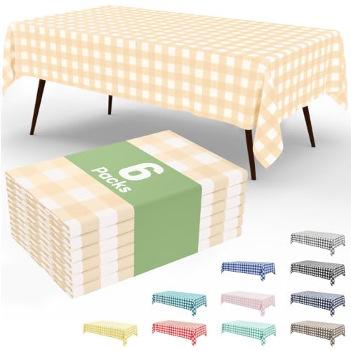 Smiry Disposable Table Cloth - 6 Pack, 54 x 108 Inch Waterproof Rectangle Tablecloths for Parties, Decorative Plastic Table Cover, Leakproof & Sturdy, White & Beige